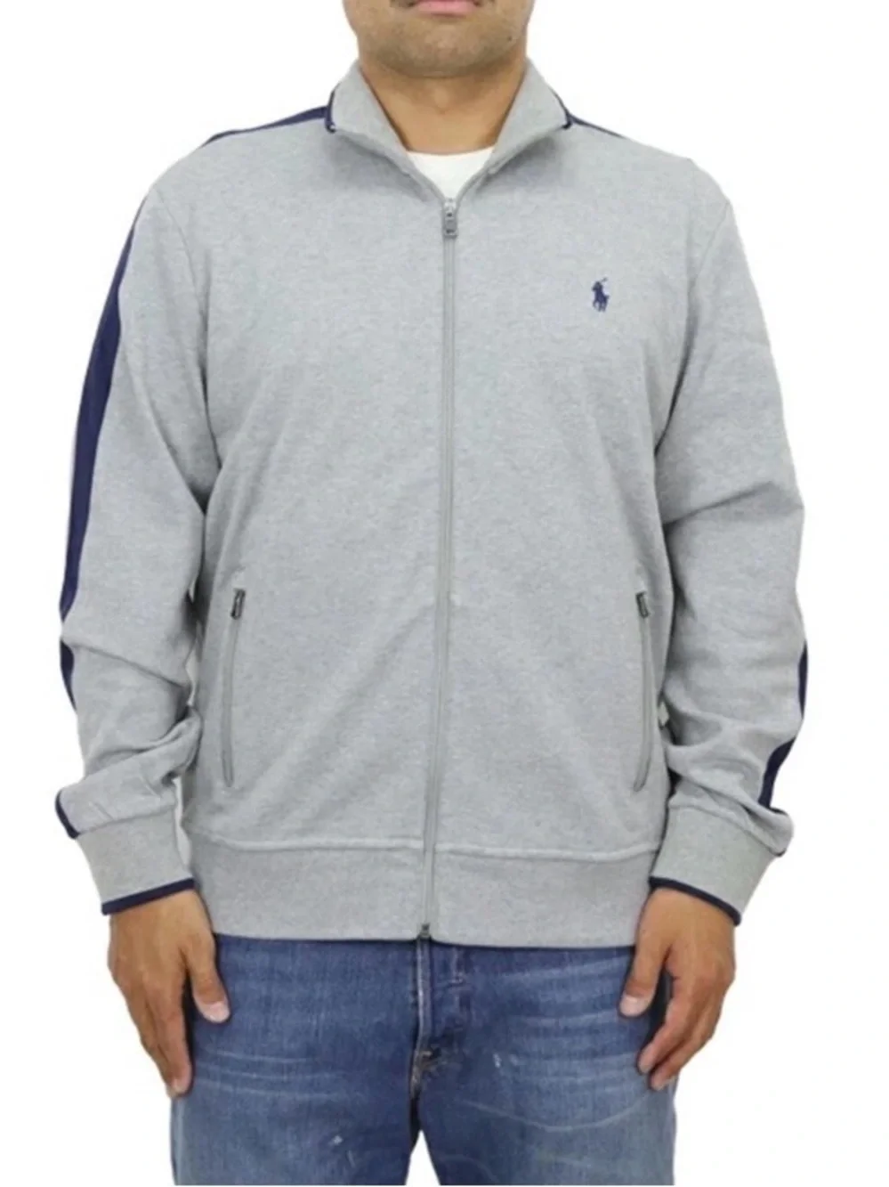 Polo Ralph Lauren Zip Sweatshirt Mens Medium Gray Mock Neck Logo Jacket Casual